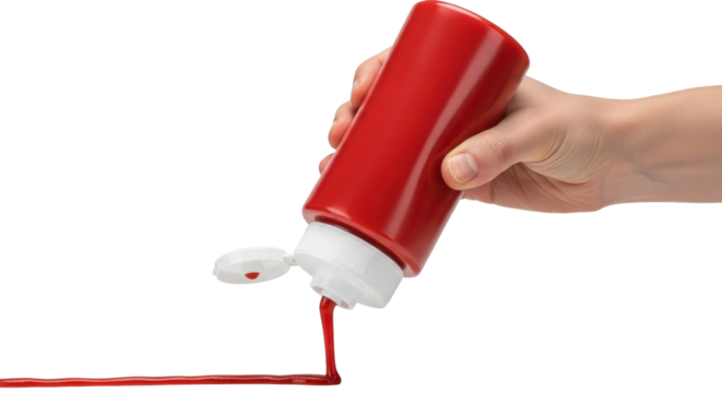 Isolated hand pouring ketchup sauce from squeeze bottle for hot dog or burger garnish
