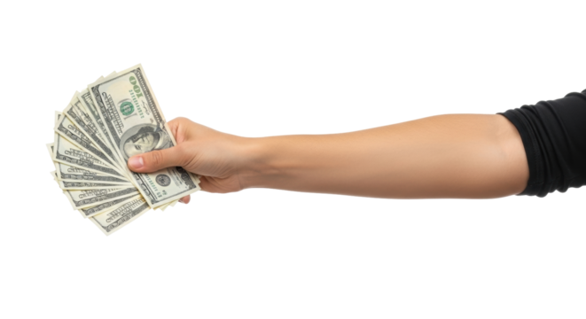 Isolated hand holding US dollar bills for spending, wealth, investment, money, or finance use