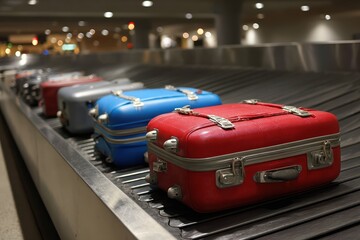 Luggage that has arrived is circulating on a conveyor belt, awaiting pickup at the baggage claim area.