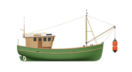 Isolated wooden fishing boat with mast, cable, and orange buoy for commercial fishing vessel