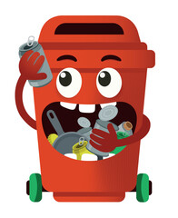 Red recycling bin for metal waste collection, funny flat style illustration. Vector isolated on white background.