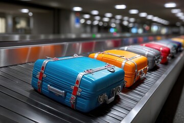 Luggage that has arrived is circulating on a conveyor belt, awaiting pickup at the baggage claim area.
