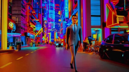 Animated 3D businessman walking through a futuristic neon urban cityscape at night. Symbolizing innovation success and career advancement in the metaverse and digital technology. Future of work. - Powered by Adobe
