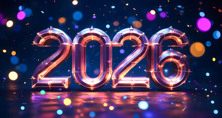 Bright Neon 2026 Celebration With Sparkling Lights, Confetti, And Festive Glow

