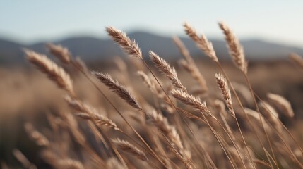 Fototapeta premium Close-up of a field of tall, dry grasses. the grasses are golden brown in color and appear to be swaying in the wind.