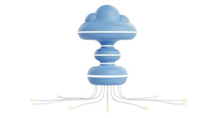 Isolated whimsical cloud light fixture, blue chandelier with dangling filament lights, modern