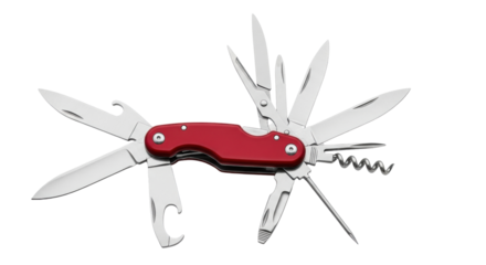 Isolated multi tool, red handle, multipurpose knife with assorted fold-out tools and blades