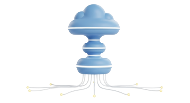 Isolated whimsical cloud light fixture, blue chandelier with dangling filament lights, modern