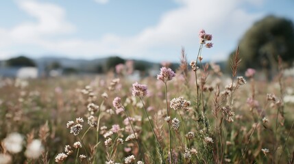 Close-up of a field of wildflowers. the field is filled with tall, thin stems and small, pink flowers. the flowers are in full bloom and appear to be delicate and delicate.
