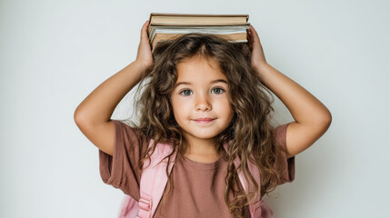 A Caucasian girl with curly hair, wearing a brown T-shirt and a pink backpack, is holding a stack of books above her head with both hands standing in front of a white background. Generative AI