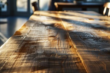 Sunlight is illuminating a large empty reclaimed wood table in a modern home