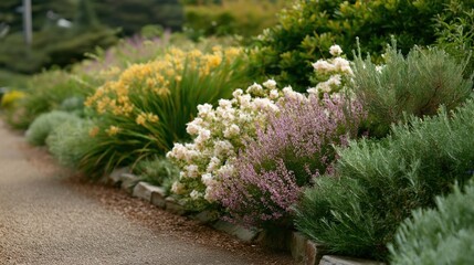 Obraz premium Beautiful garden with a gravel path winding through it. the garden is filled with various types of plants and flowers, including white and yellow flowers, purple and pink flowers, and green shrubs.