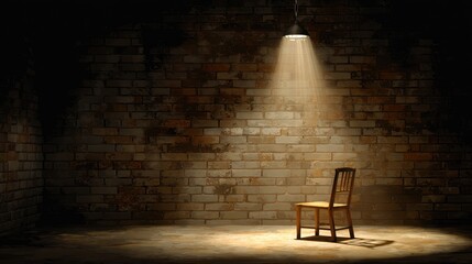 A single wooden chair sits in a dark, empty brick room under a harsh spotlight