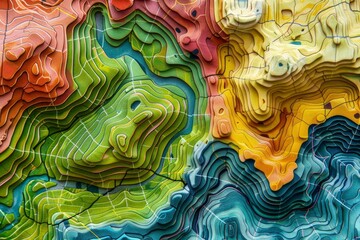 Vibrant 3d model illustrating topographic map with elevation, terrain, and colorful contour lines