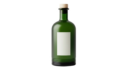 Isolated dark green bottle with label & wooden stopper, for alcoholic or cosmetic liquids