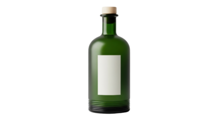 Isolated dark green bottle with label & wooden stopper, for alcoholic or cosmetic liquids