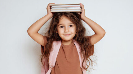 A Caucasian girl with curly hair, wearing a brown T-shirt and a pink backpack, is holding a stack of books above her head with both hands standing in front of a white background. Generative AI