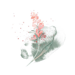 Hand painted watercolor illustration of a simple pink flower spots with a green stem, set against a soft watercolor splash background with delicate paint splatters.