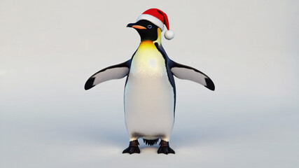 Fototapeta premium Christmas Emperor penguin wearing Santa hat on snowy background celebrating holiday season in winter setting. Christmas-themed animal illustration. Image made using Generative AI.