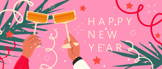 Merry Christmas and Happy New Year background. Champagne in hands. Vector illustration.
