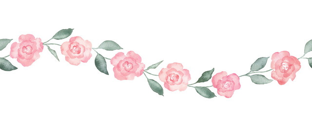 Pink watercolor rose flowers spots and leaves seamless border on white background. Repeat banner soft pastel colors water color for beauty products. Hand drawn illustration on isolated background.