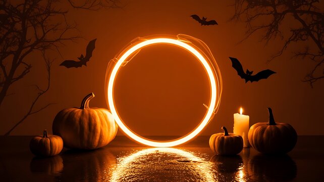 A spooky halloween night scene with pumpkins, bats, and a glowing circle on a dark background