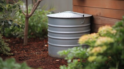 Large metal barrel with a lid on top, sitting in a garden bed. the barrel appears to be made of corrugated metal and has a handle on the side for easy carrying.