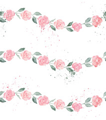 Sweet pink simple rose flowers spots and green leaves watercolor seamless pattern on white background. Soft pastel colors for beauty products or other. Hand drawn illustration on isolated background.
