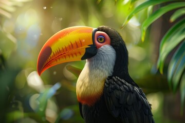 Fototapeta premium Toucan with a large orange beak is perched among tropical foliage, enjoying the sunlight filtering through the leaves
