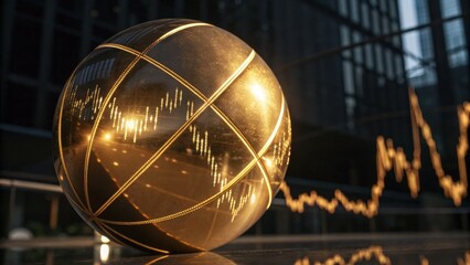 A reflective globe with financial graphs symbolizes global markets, set against a modern architectural background with rising and falling trends.