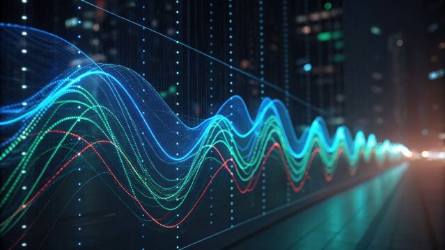 A vibrant, digital visualization of waveforms in blue and red, set against a dark urban backdrop, symbolizing data flow or technology. - Powered by Adobe