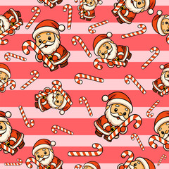 Cute cartoon christmas holiday seamless pattern featuring santa and candy canes in a joyful environment