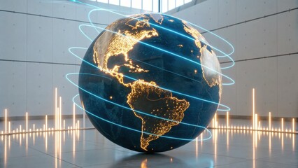 A 3D globe illuminated with lights, showcasing continents and data lines, set in a modern, sleek environment.