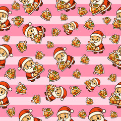 Fototapeta premium Cute cartoon christmas holiday seamless pattern featuring santa and gingerbread houses in a festive pink environment