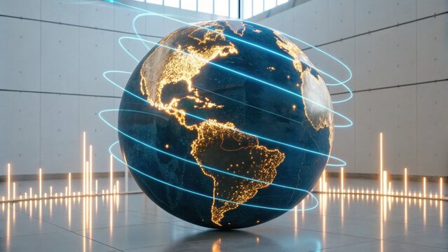 A 3D globe illuminated with lights, showcasing continents and data lines, set in a modern, sleek environment. - Powered by Adobe