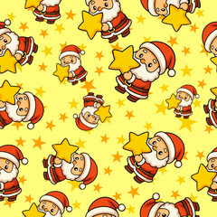 Cute cartoon christmas holiday seamless pattern of santa and stars on yellow background