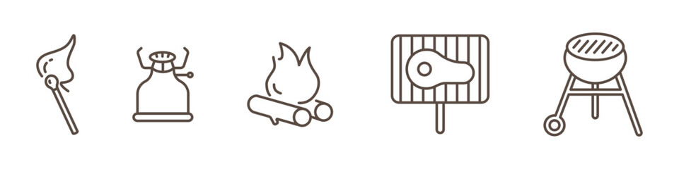 Set of BBQ and grilling line icons isolated on transparent background. Includes barbecue grill, campfire, gas cylinder, burning match. Perfect for camping, outdoor cooking, picnic, and BBQ themes. 