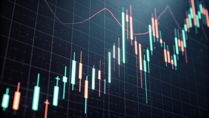 A close-up of a candlestick chart displaying fluctuating market prices with various colored bars representing trading activity.