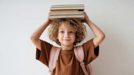 A Caucasian girl with curly hair, wearing a brown T-shirt and a pink backpack, is holding a stack of books above her head with both hands standing in front of a white background. Generative AI