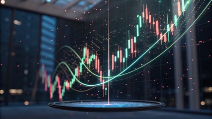 A futuristic digital representation of stock market trends with rising graphs and luminous data points in a modern office setting.