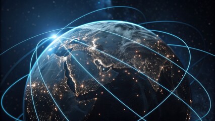 A digital representation of Earth, showcasing glowing networks and connections, highlighting global communication and technology.