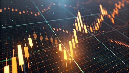 A digital representation of fluctuating stock market trends with candlestick charts and a grid background, illustrating financial data.