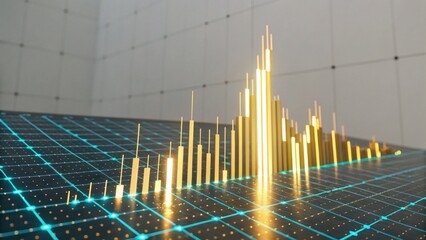 A vibrant digital visualization of a data chart with golden spikes on a grid background, illustrating trends or statistics in a modern style.