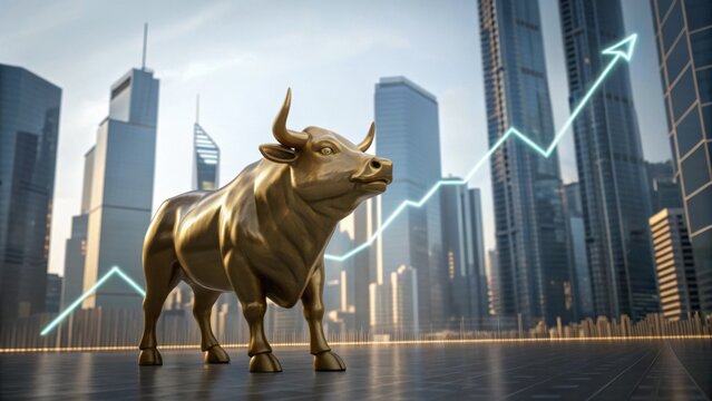 A golden bull statue stands in front of modern skyscrapers, symbolizing market growth and optimism in finance, with an upward trending graph in the backdrop.