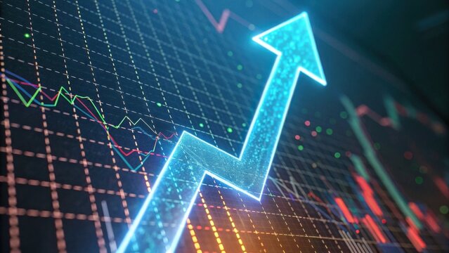 A vibrant graph depicting an upward trend, showcasing data analytics and financial growth with colorful lines on a digital screen.