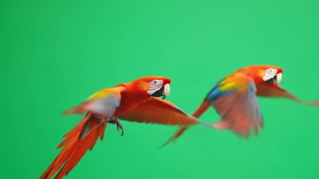 Colorful parrots soaring against green screen