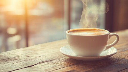 Warm cup of coffee on a wooden table, sunlight streaming through a window
