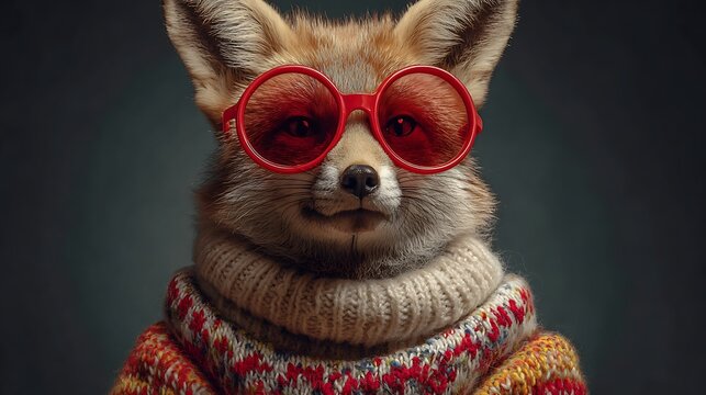 Charming fox wearing a cozy sweater and stylish sunglasses, looking directly at the camera with a hint of mischief. - Powered by Adobe