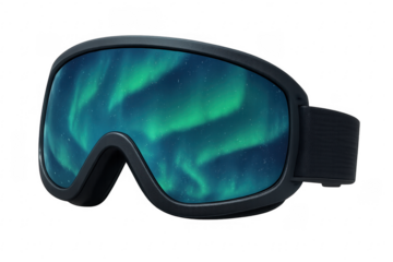 Ski goggles reflecting aurora borealis on transparent background