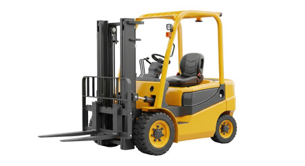 Isolated yellow forklift truck used in warehouses and factories for lifting and moving goods